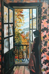 Woman Looking Out Window at Autumn Scene