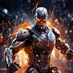 A powerful armored warrior stands ready in a futuristic battle scene, surrounded by flames and glowing embers. The detailed suit and glowing red accents highlight the warrior's strength and intensity