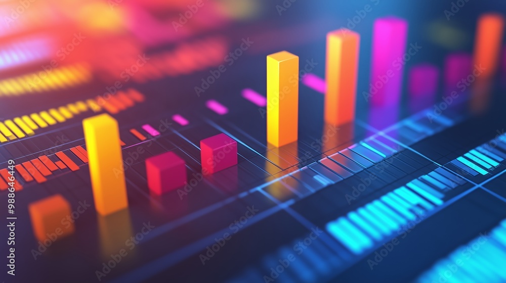 Poster colorful data visualization of bar graphs and patterns illustrating trends in digital analytics at n