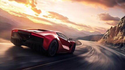 A sleek sports car on a winding mountain road, sunset, dramatic shadows, incredible detail, photorealistic, vivid colors, motion blur effect.
