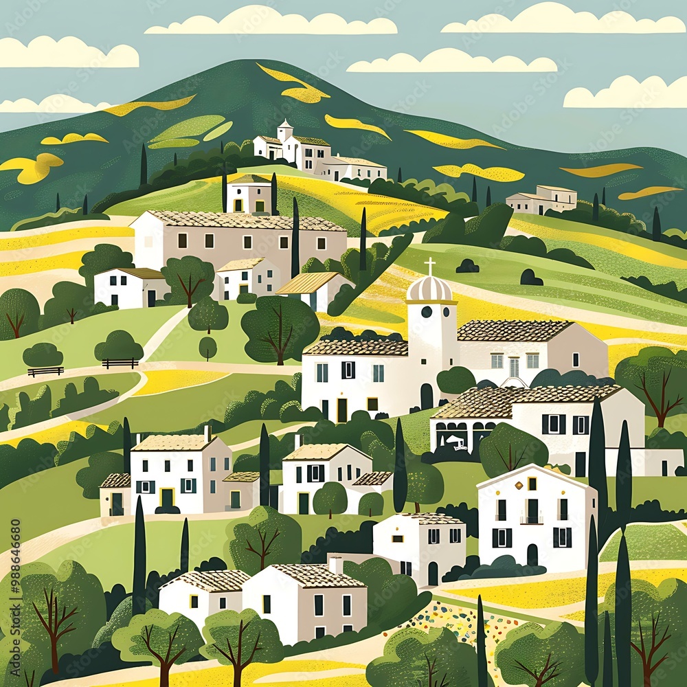 Wall mural village on a hillside with houses