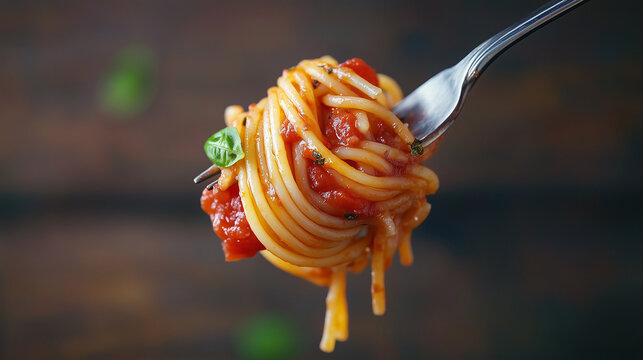 Rolka makaronu na widelcu, ukazująca soczystą teksturę i intensywny kolor sosu, kt&oacute;ry kusi smakiem. 