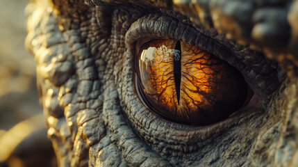 Zbliżenie na oko dinozaura drapieżnego, które zachwyca szczegółami i głębią koloru. 