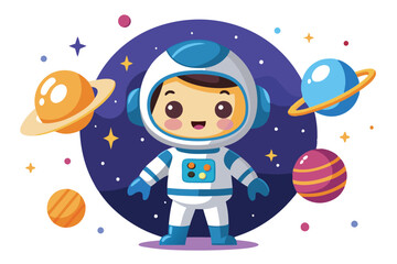 Naklejka premium A cheerful astronaut floats in space surrounded by vibrant planets and twinkling stars, Cute astronaut in outer space. Cartoon vector illustration on white background
