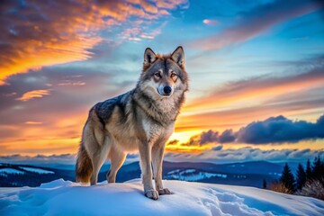 Naklejka premium The regal wolf stands tall in a pristine snowy landscape, bathed in the soft light of dusk under