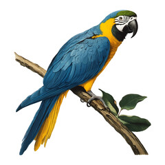 Obraz premium Blue and yellow birds perched on a branch on a white background.