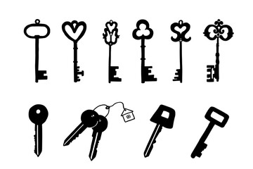 Set of key silhouettes in doodle style. Housewarming. Home sweet home, welcome home, new home, happy house warming, house keys, deal. Great for professional design. Hand drawn