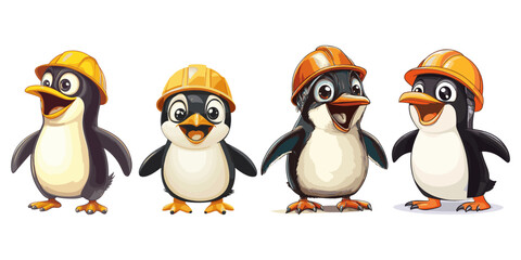Obraz premium set of cartoon of an adorable penguin wearing a construction helmet, on a white background