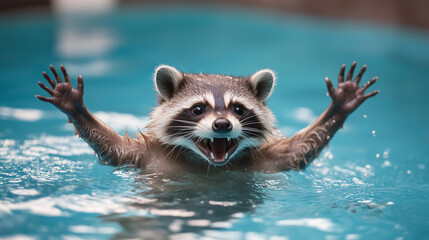 Fototapeta premium Szop pracz skacze radośnie w wodzie, rozchlapiąc krople dookoła.