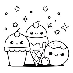  hand drawn cute kawaii  ice cream and donut outline Vector illustration. Coloring page for kids and adults.