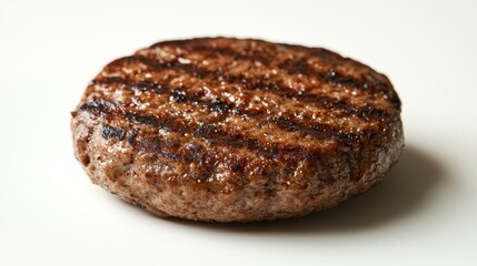 Juicy grilled hamburger patty with char marks, isolated on a clean white background.
