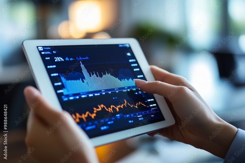 Poster analyzing financial data on a tablet in a modern office setting during the day