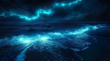 Fototapeta premium Dark ocean glowing waves illuminated by neon lit sky peaceful scene picture