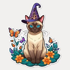 Obraz premium A beautiful Siamese cat in a purple wizard hat with a butterfly design, peacefully sits among vibrant flowers and butterflies in a serene garden setting