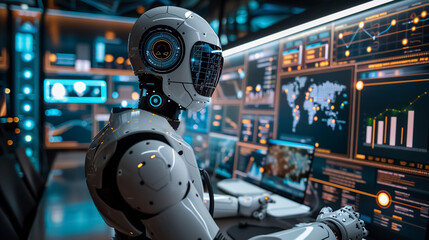 Fototapeta premium Robot Demonstrating Future Technology by Pointing at Interactive Screen in Cyberspace