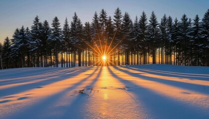 Winter Wonderland. Majestic Sunrise Over Coniferous Forest With Snow Covered in Evening Sunlight