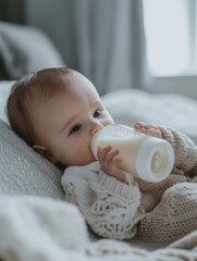 A cute baby is drinking from a bottle while comfortably lying on a cozy blanket, capturing a moment of innocence