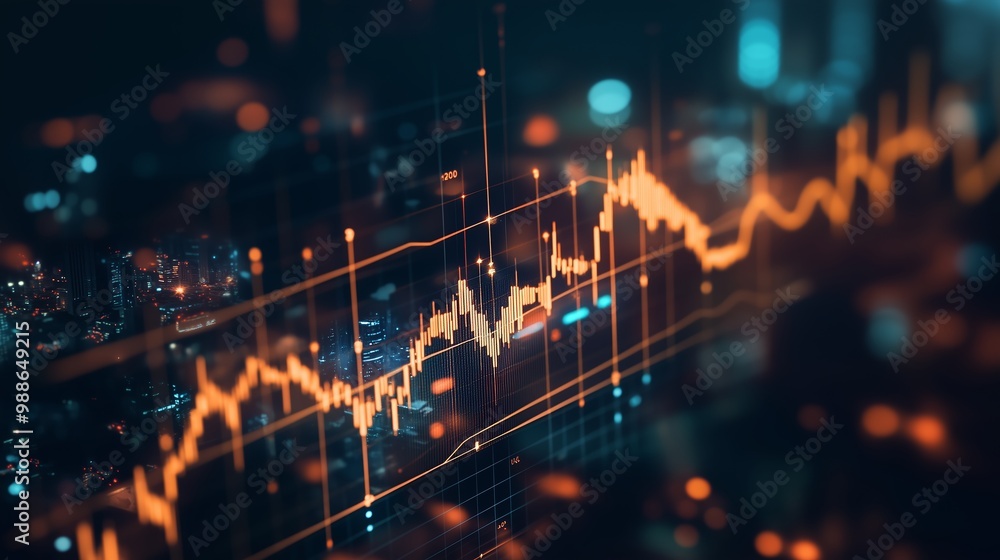 Poster dynamic financial data visualization showing stock market trends with glowing graphs and abstract ci