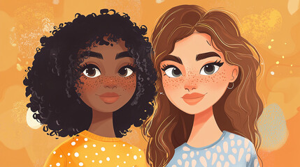 Obraz premium Illustration of Two Characters with Vitiligo in Cartoon Style. Concept: Cartoon illustration, vitiligo representation, diverse characters, inclusive artwork