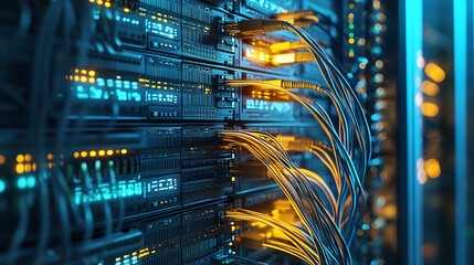 IT Server Rack with Cables: Organized server rack with bright Ethernet cables connected, representing the backbone of modern IT infrastructure and data centers