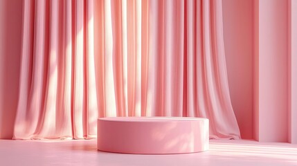 Pink pedestal with curtains, soft pastel interior, minimalist design, modern decor, elegant staged display