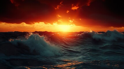 Fototapeta premium Dark ocean glowing waves beneath illuminated neon lit sky calm scene picture