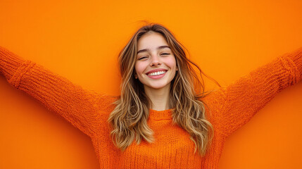 A young European woman poses happily against a vibrant orange background, highlighting positive energy and playful vibes