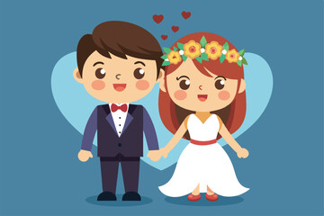 The joyful couple, hand in hand, radiates love in their wedding attire surrounded by hearts, Cute cartoon couple of bride and groom in love.