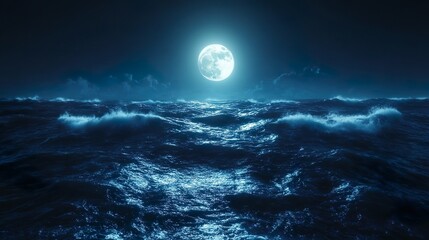 Fototapeta premium Neon lit sky illuminating glowing ocean waves in serene dark seascape picture