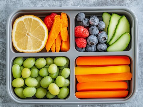 A neatly arranged snack box filled with fresh fruits and vegetables, perfect for a healthy meal