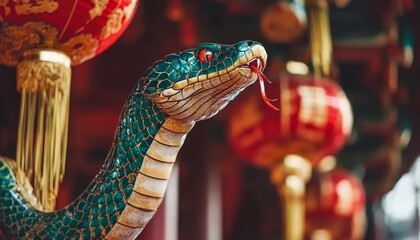 Obraz premium Green and White Snake Statue in Temple, Surrounded by Red Lanterns with Chinese Characters.
