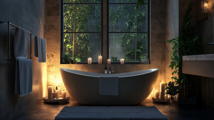 A serene bathroom oasis featuring a freestanding tub illuminated by candles and natural light, creating a tranquil evening ambiance