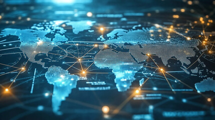 Network diagram of global business elements like analysis, customer service, and technology. Concept: Business Network, Global Connections