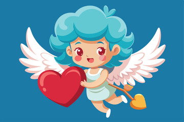 Obraz premium A cheerful cupid flies while cradling a large heart with playful wings, Cute cartoon cupid with heart and wings