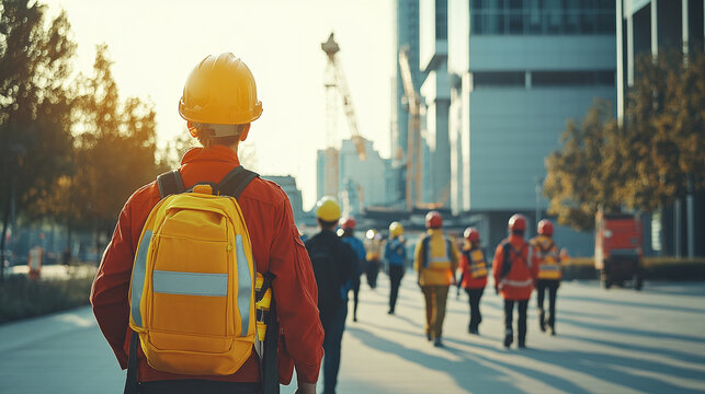 Workers evacuate during a fire drill with a firefighter announcing the emergency. Concept: Fire Drill, Evacuation, Emergency Preparedness