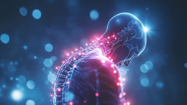 Fibromyalgia Pain Illustration: Depiction of widespread pain in fibromyalgia as glowing points. Concept: Chronic Pain, Fibromyalgia, Pain Symptoms