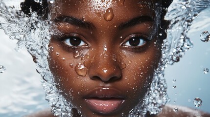 Radiant Teenage Girl with Smooth Moisturized Dark Brown Skin Emerging From Water, Water Beads Sparkling on Face