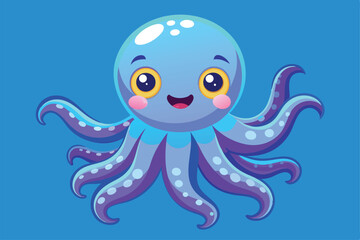 Obraz premium A cute cartoon octopus has a big smile and vibrant colors against a blue backdrop, Cute cartoon octopus on a blue background