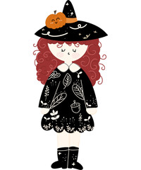 red haired little witch with leaf pattern halloween witch illustration