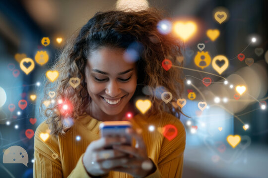 Connecting with friends online through social media at a cozy café in the evening