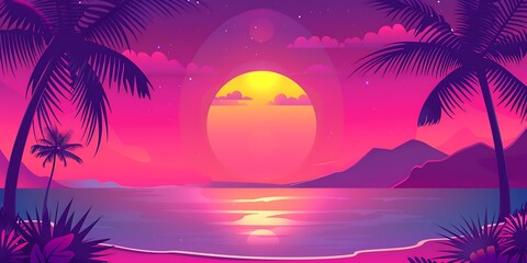 Tropical Sunset Beach Illustration with Palm Trees and Ocean