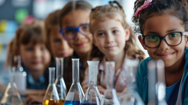 Children engaged in a hands-on science experiment in a classroom during a bright school day focused on learning and exploration - Powered by Adobe