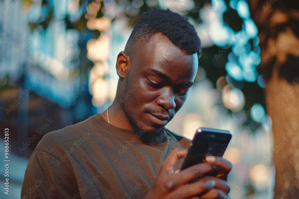 Poster man checking notifications on his smartphone while standing outside in a vibrant urban setting durin