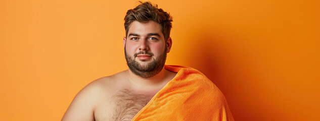 confident plus size male model in bath towel in studio promoting body positivity