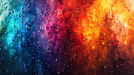 Abstract pixelated background with a vibrant color scheme of blues, purples, reds, and oranges.