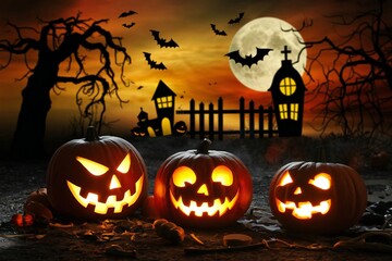 Spooky halloween night scene with glowing jack-o-lanterns and haunted house silhouette