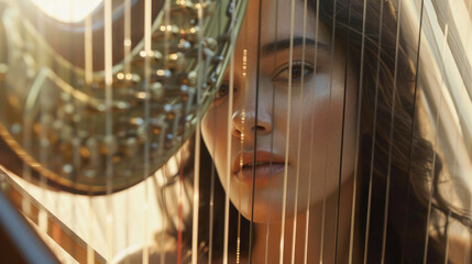 A musician with a focused expression plays the harp, bathed in warm light, creating an enchanting...