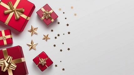 Red gifts with golden bows and ribbons placed on White background near stars copy-space for Christmas Celebration