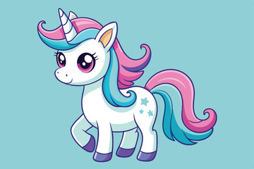 Obraz premium A charming unicorn with vibrant mane is joyfully prancing in a light blue background, Cute cartoon unicorn