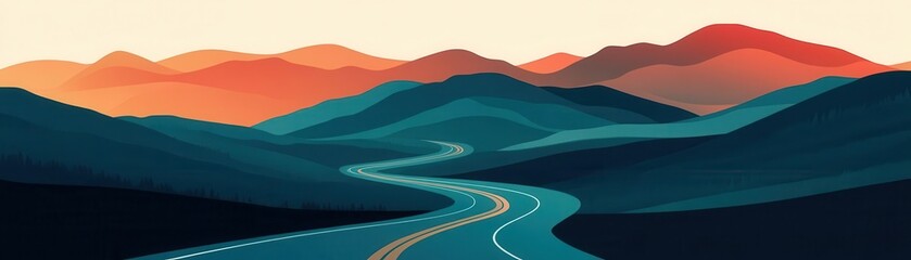 Mountainous terrain, sweeping road in bright triadic hues, flat minimalist design with animated flow, visualizing travel freedom, Mountain range sweeping road